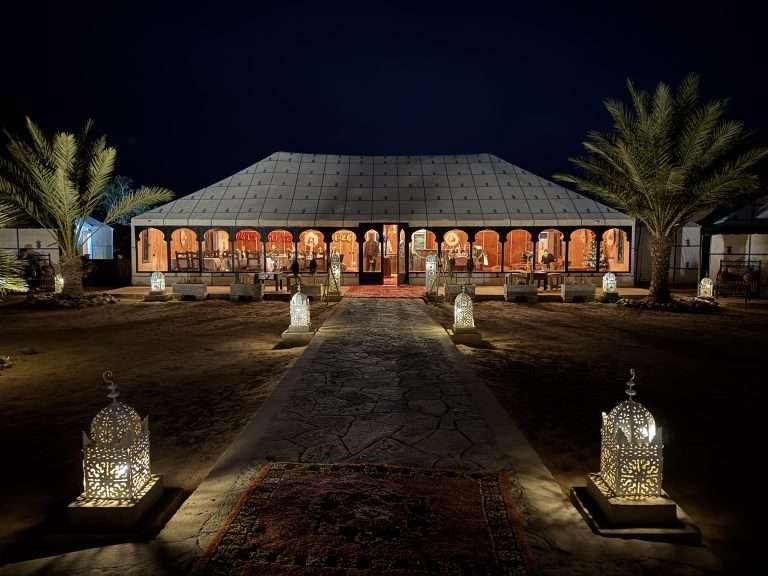 Dinner tent at a luxury desert camp in Merzouga, Morocco