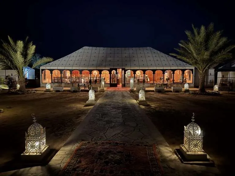 Dinner tent at a luxury desert camp in Merzouga, Morocco
