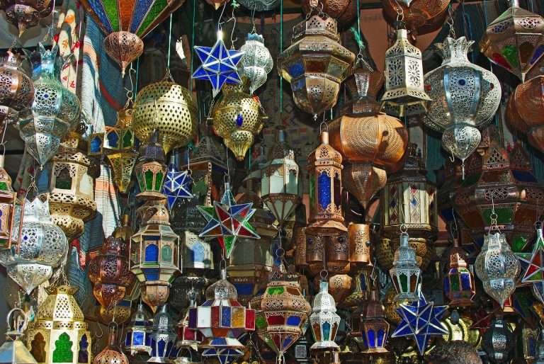 Colourful Moroccan lanterns hanging in a Marrakech souk