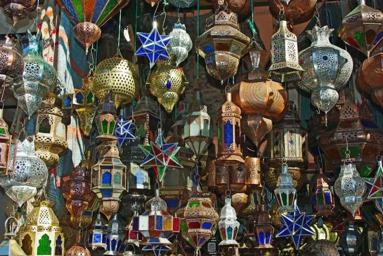 Colourful Moroccan lanterns hanging in a Marrakech souk