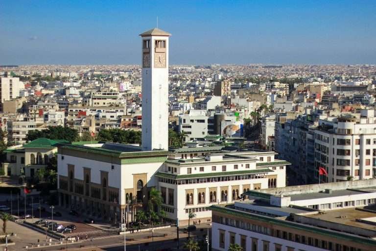 Birds-eye view of a mosque and city of Casablanca