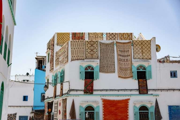 Tangier medina rugs drapped over old building