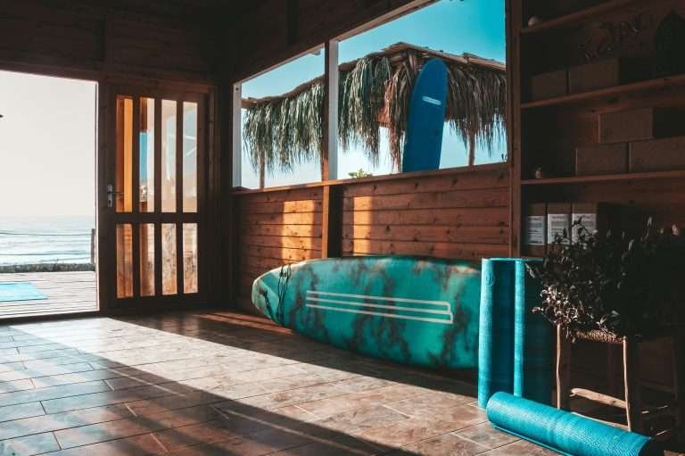 Surfboards at a beach house in Taghazout, Morocco