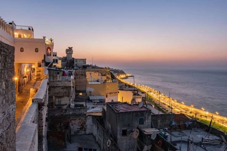 Sunset over Tangier medina and Atlantic coast