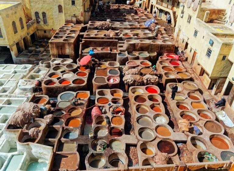 Traditional leather dyeing vats in the medina of Fes, Morocco
