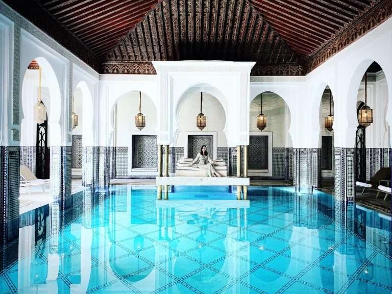 Elegant indoor pool at the world famous hotel La Mamounia in Marrakech
