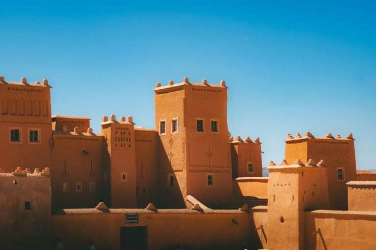 Sunlit Ouarzazate kasbah towers in southern Morocco