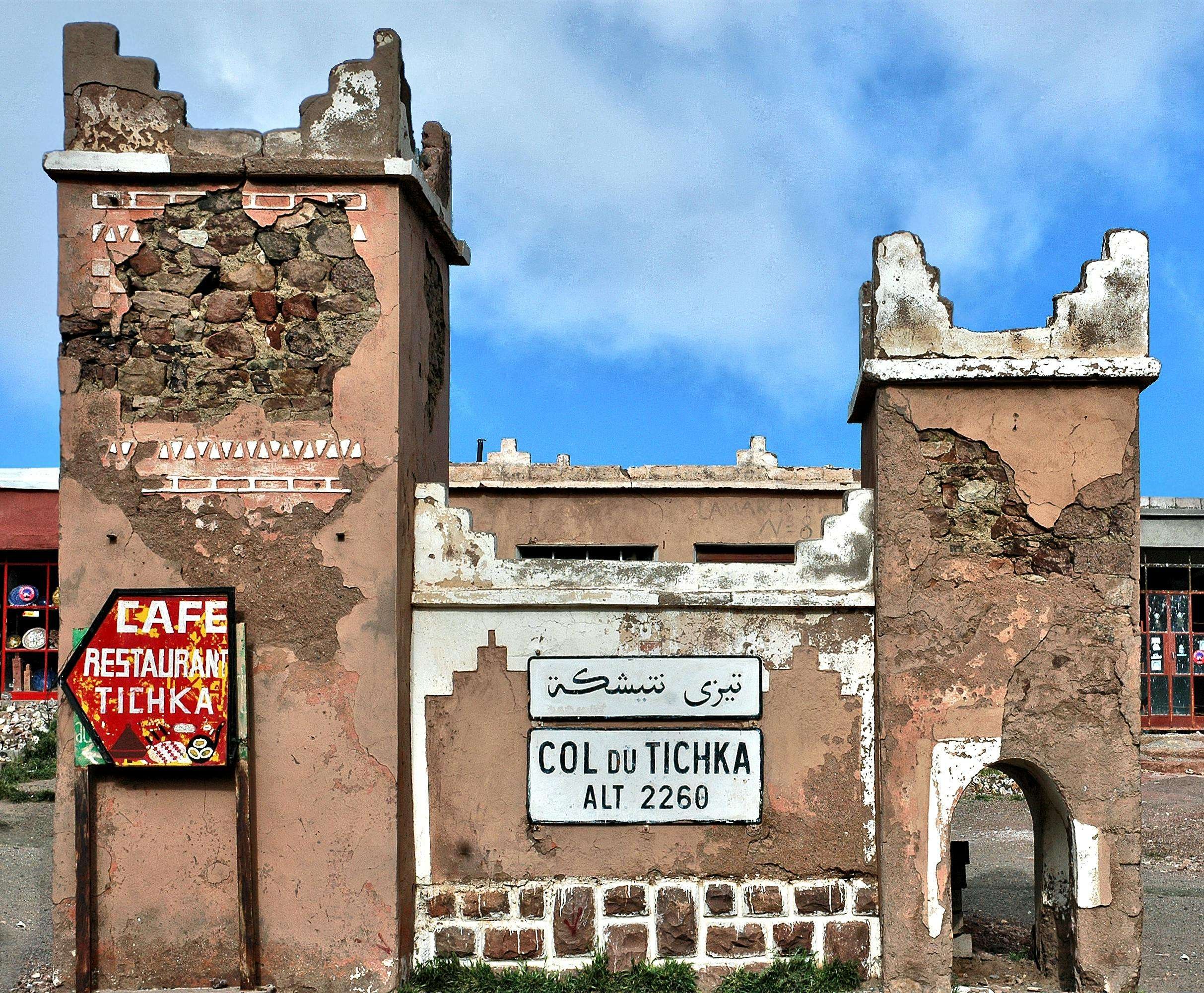 Tizi n’Tichka mountain pass sign in the High Atlas, Morocco