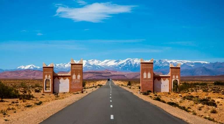 Road to the Atlas Mountains with desert kasbah scenery in Morocco