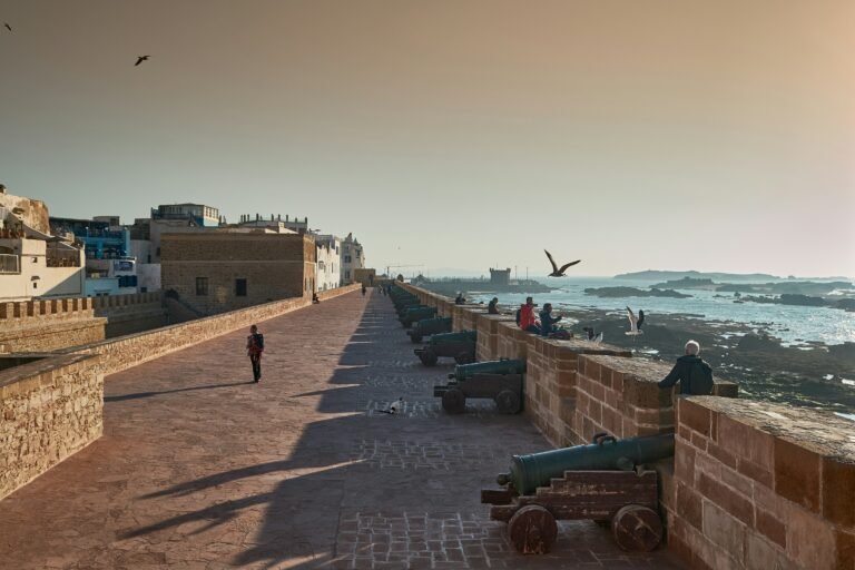 Essaouira medina ramparts at sunset along the Atlantic Ocean